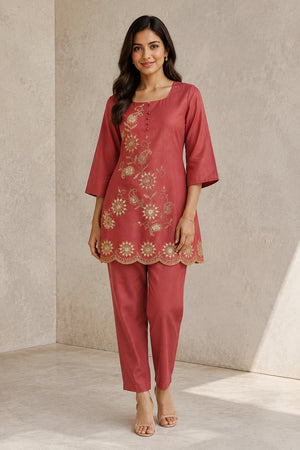 Peachmode Rust Silk Blend Floral Embroidered Top Bottom Set - Image 1