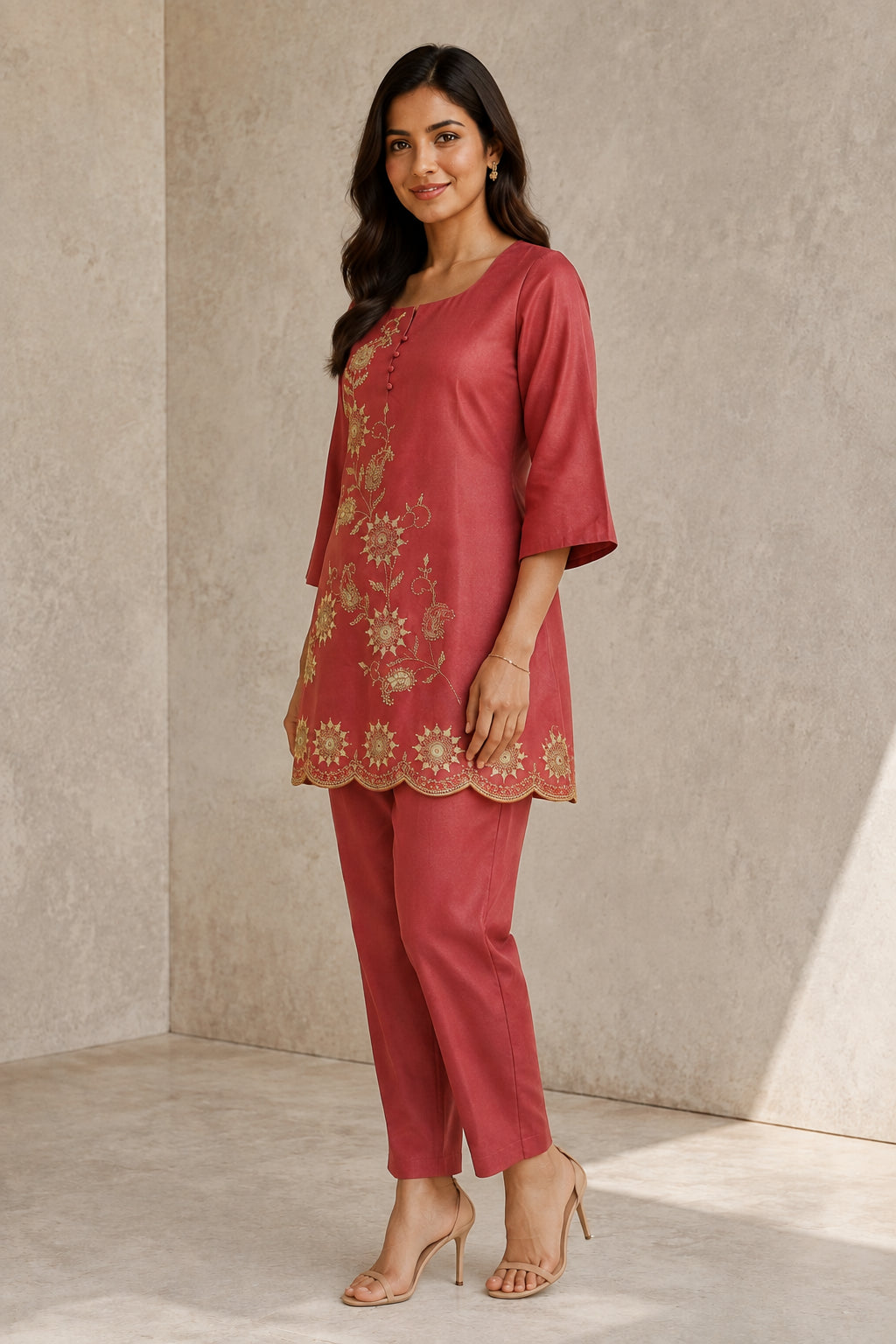 Peachmode Rust Silk Blend Floral Embroidered Top Bottom Set - Image 3
