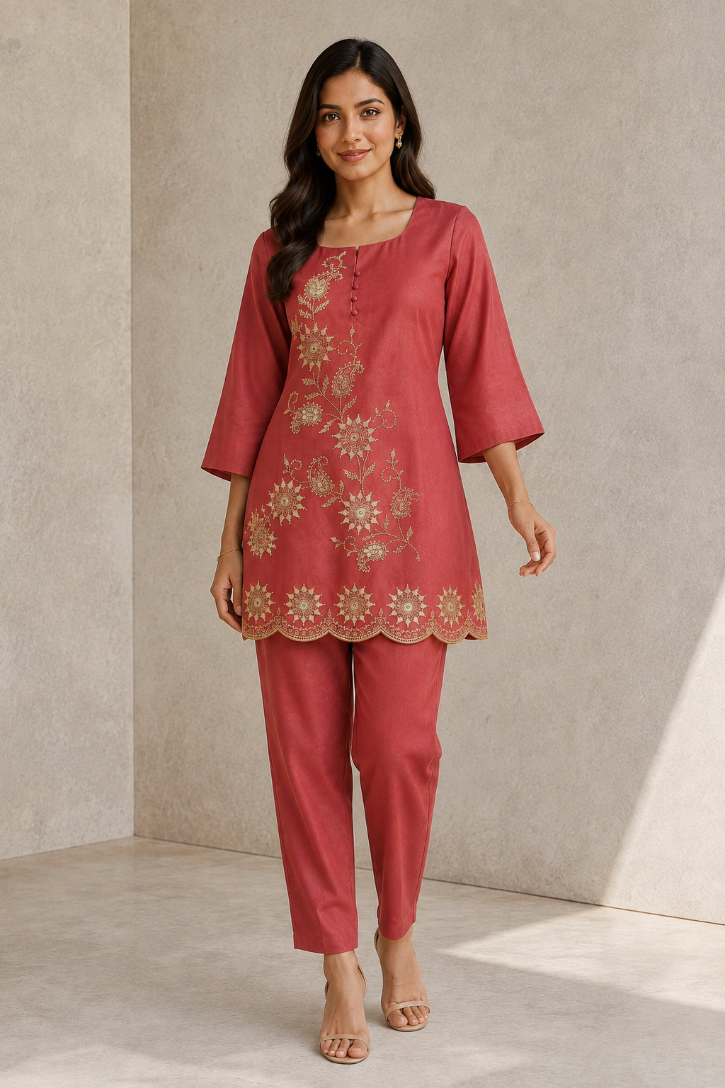 Peachmode Rust Silk Blend Floral Embroidered Top Bottom Set - Image 5