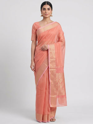 Subtle Solid Peach Kota Doria Saree with Traditional Zari Weaving Edging - Image 1