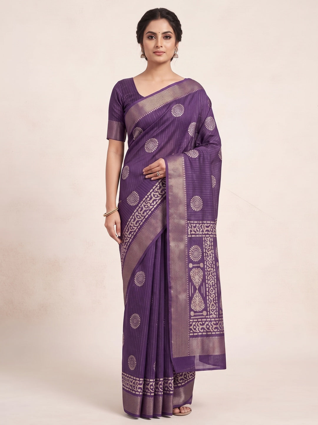 Classic Deep Violet Dola Silk Saree Adorned with Floral Motifs & Rich Zari Work - Image 1