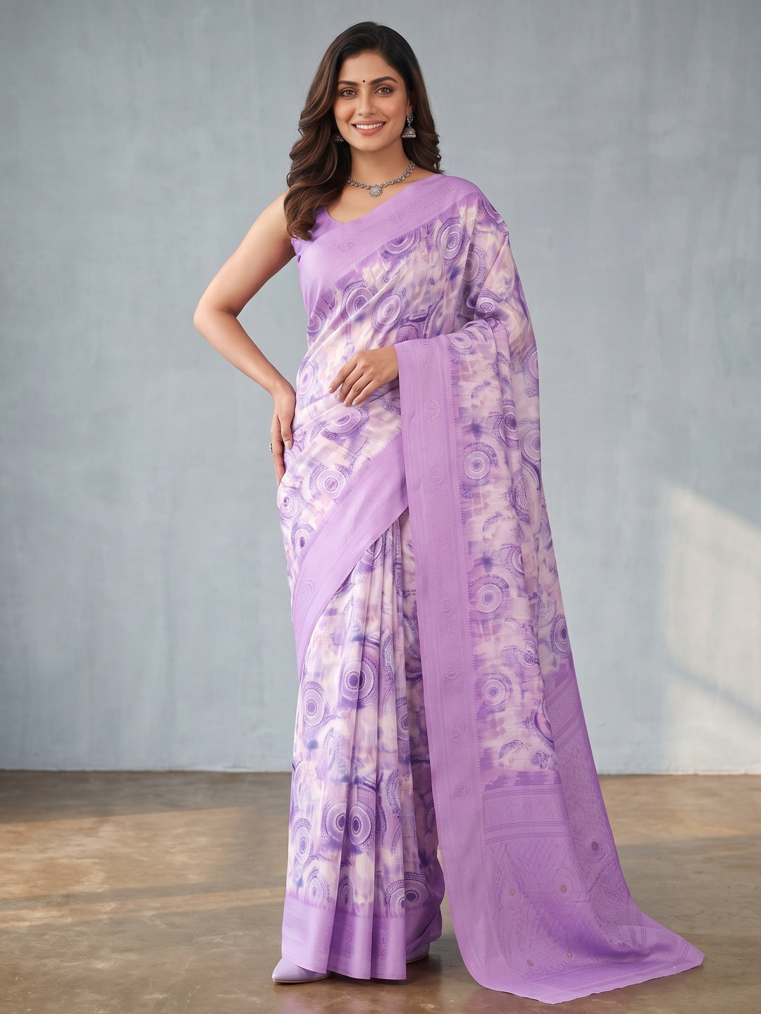 Lavender Digital Print Silk Blend Lucknowi Saree With Jacquard Woven Border & Rich Pallu - Image 4