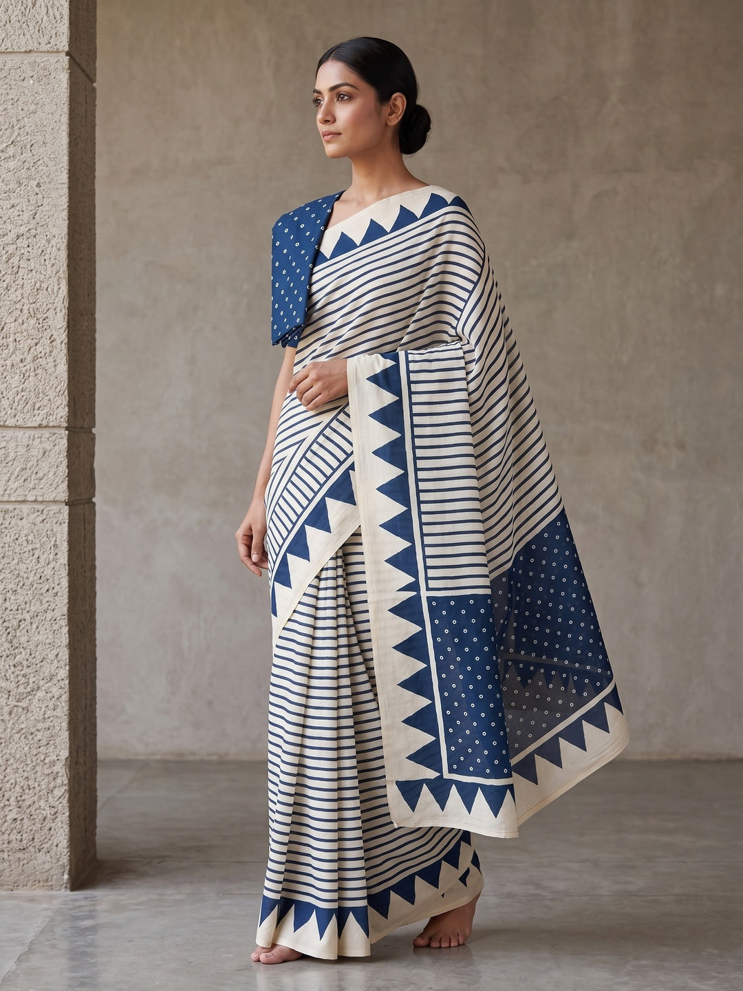 Party Perfect Off White & Blue Saree Crafted in Cream Crepe Fabric with Striped Print - Image 5