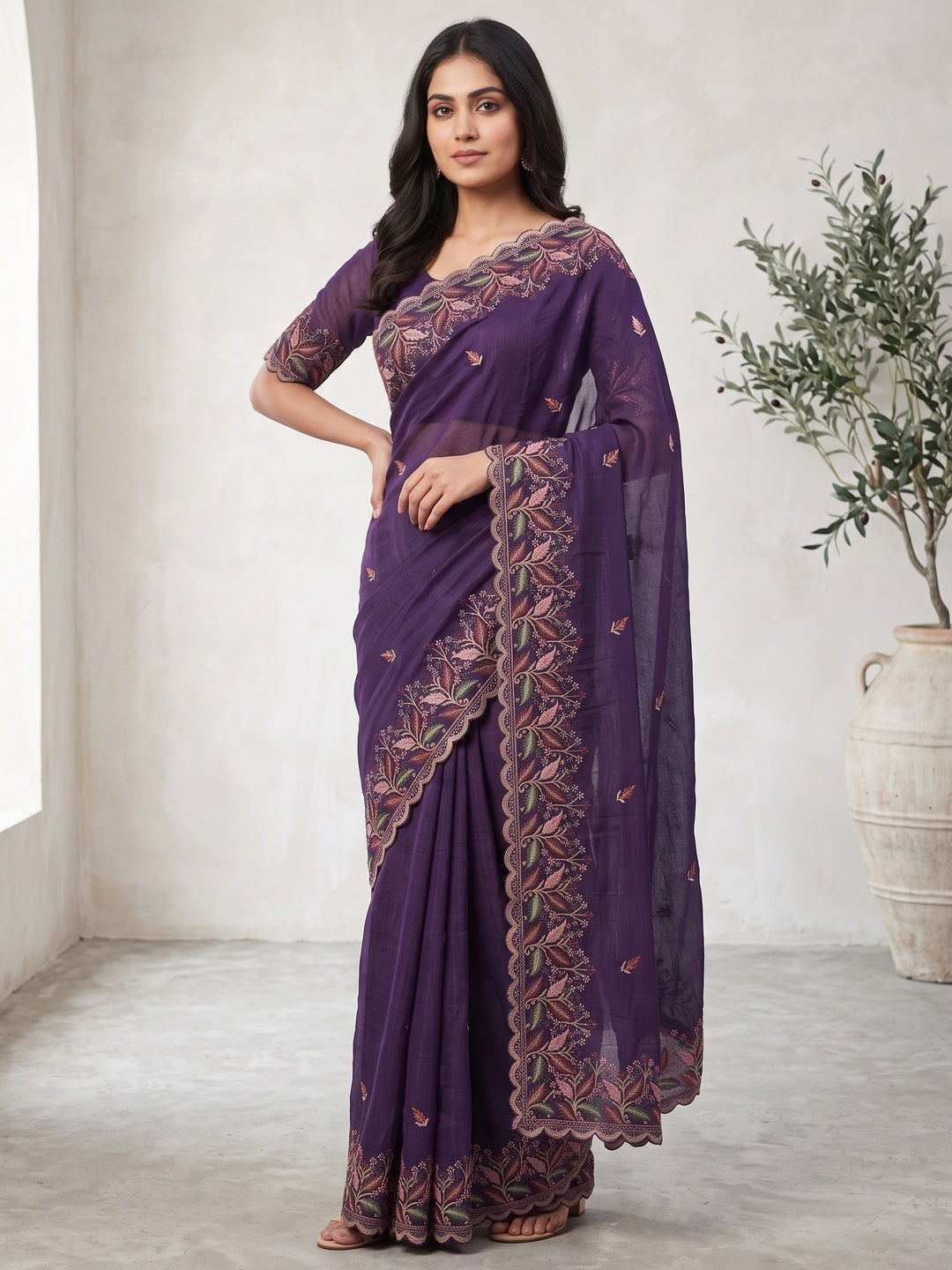 Mesmerizing Purple Chiffon Saree Showcasing Artistic Floral Embroidery For A Luxurious Appeal - Image 5