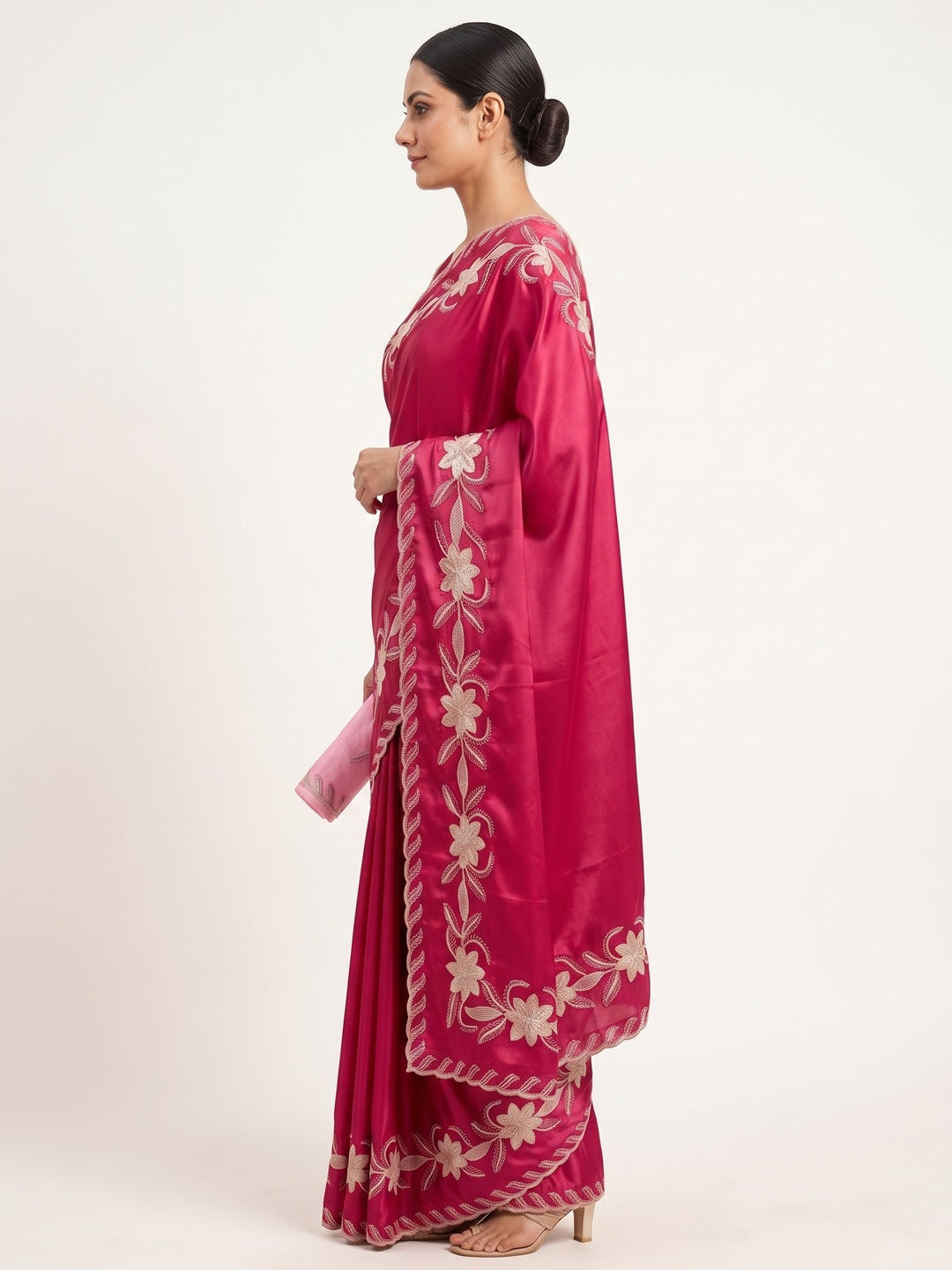 Pink Sequins Work Embroidered Satin Saree for Special Occasions - Image 9