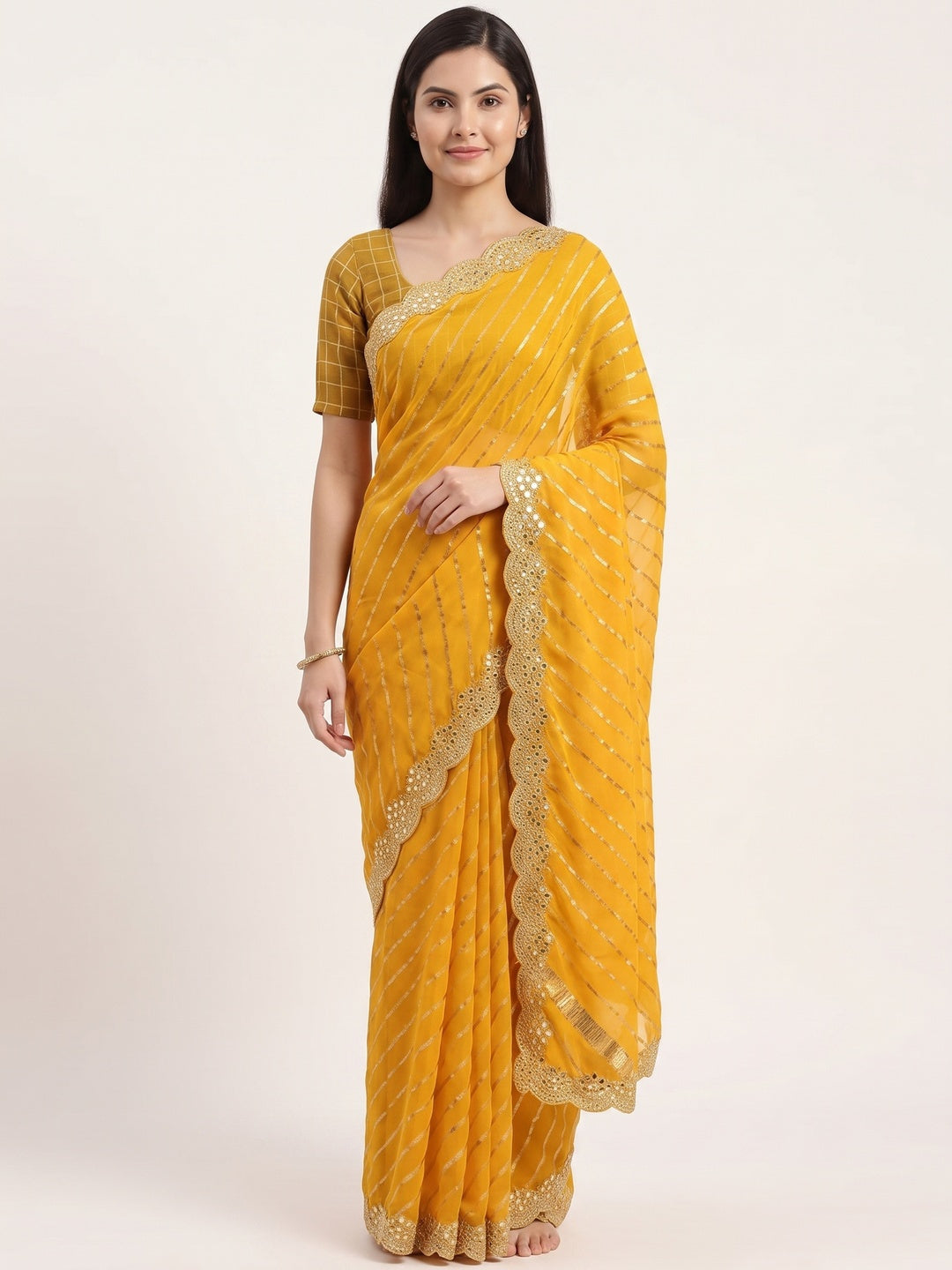 Mustard Striped Printed Chiffon Saree With Sequins Embroidered Border - Image 1