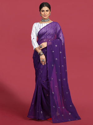 Purple Sequins Embroidered Georgette Saree - Image 1