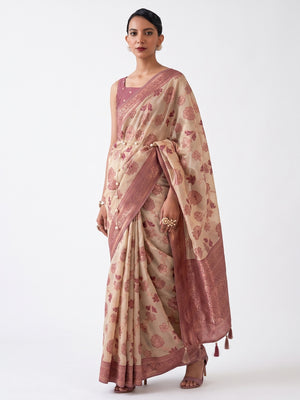 Beige Woven Organza Saree With Tassels - Image 1