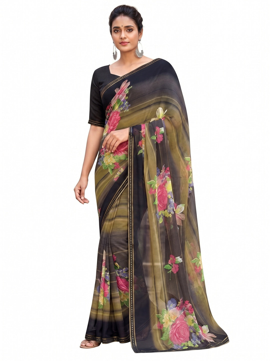 Black-Green Casual Wear Floral Printed Chiffon Saree With Fancy Blouse - Image 1