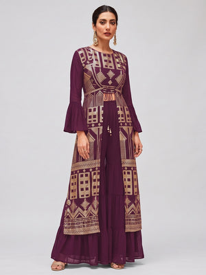 Purple Sequins Embroidered Georgette Sharara Choli With Jacket - Image 1