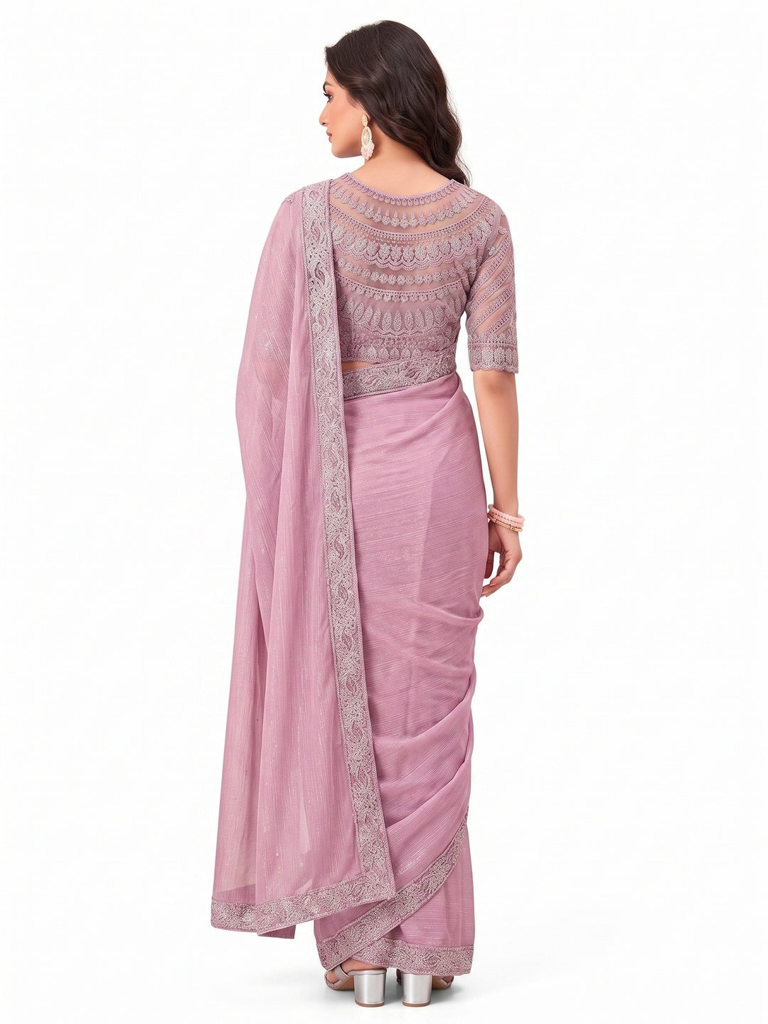 Light Pink Embroidered Chiffon Saree - Image 2