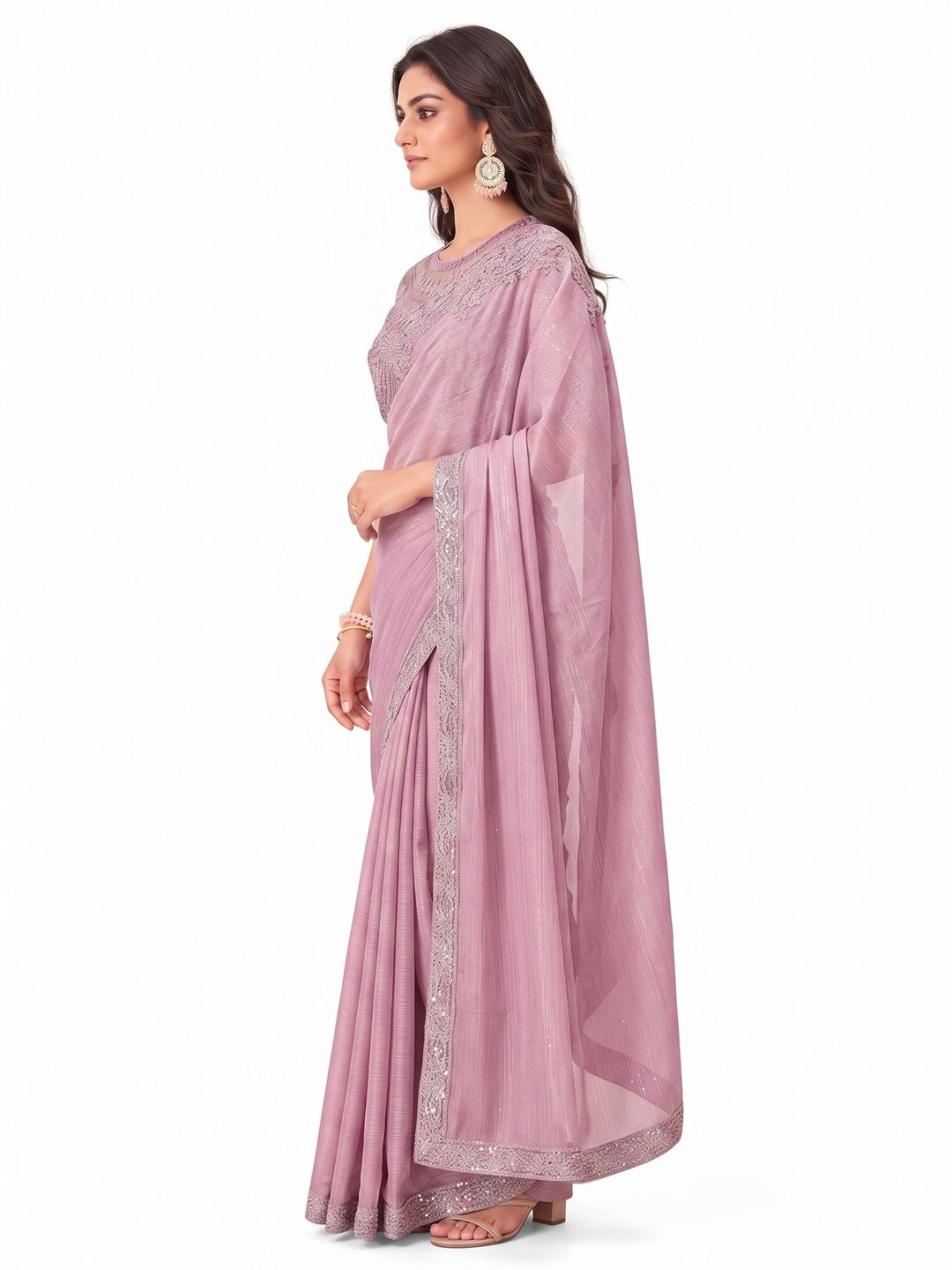 Light Pink Embroidered Chiffon Saree - Image 3