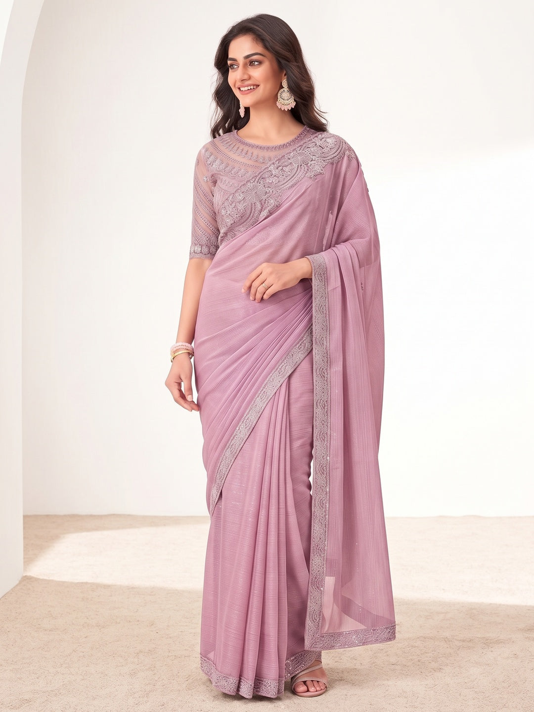 Light Pink Embroidered Chiffon Saree - Image 4