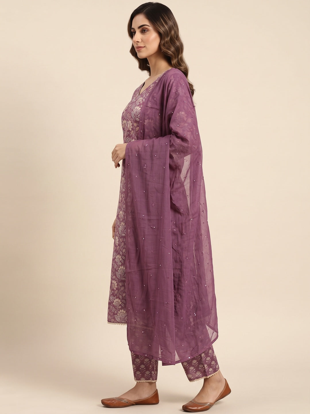 Purple Floral Printed Pure Cotton A-Line Salwar Suit - Image 3