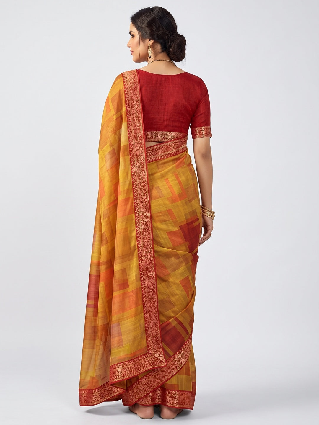 Yellow Printed Art Silk Saree - Image 2