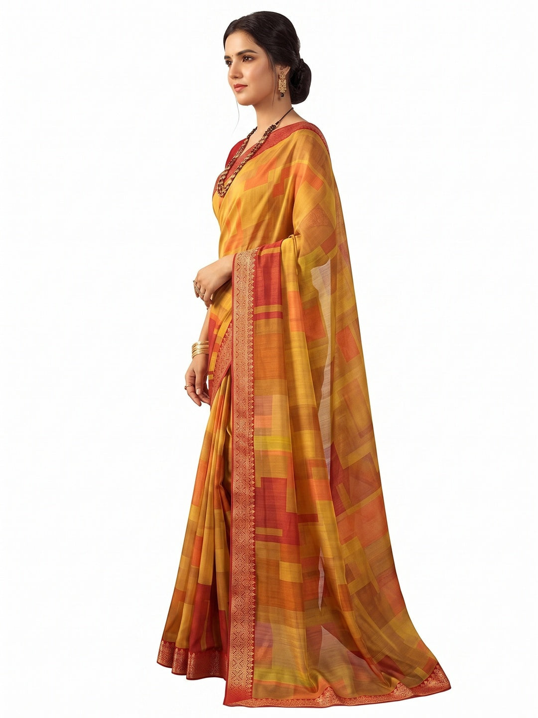 Yellow Printed Art Silk Saree - Image 3