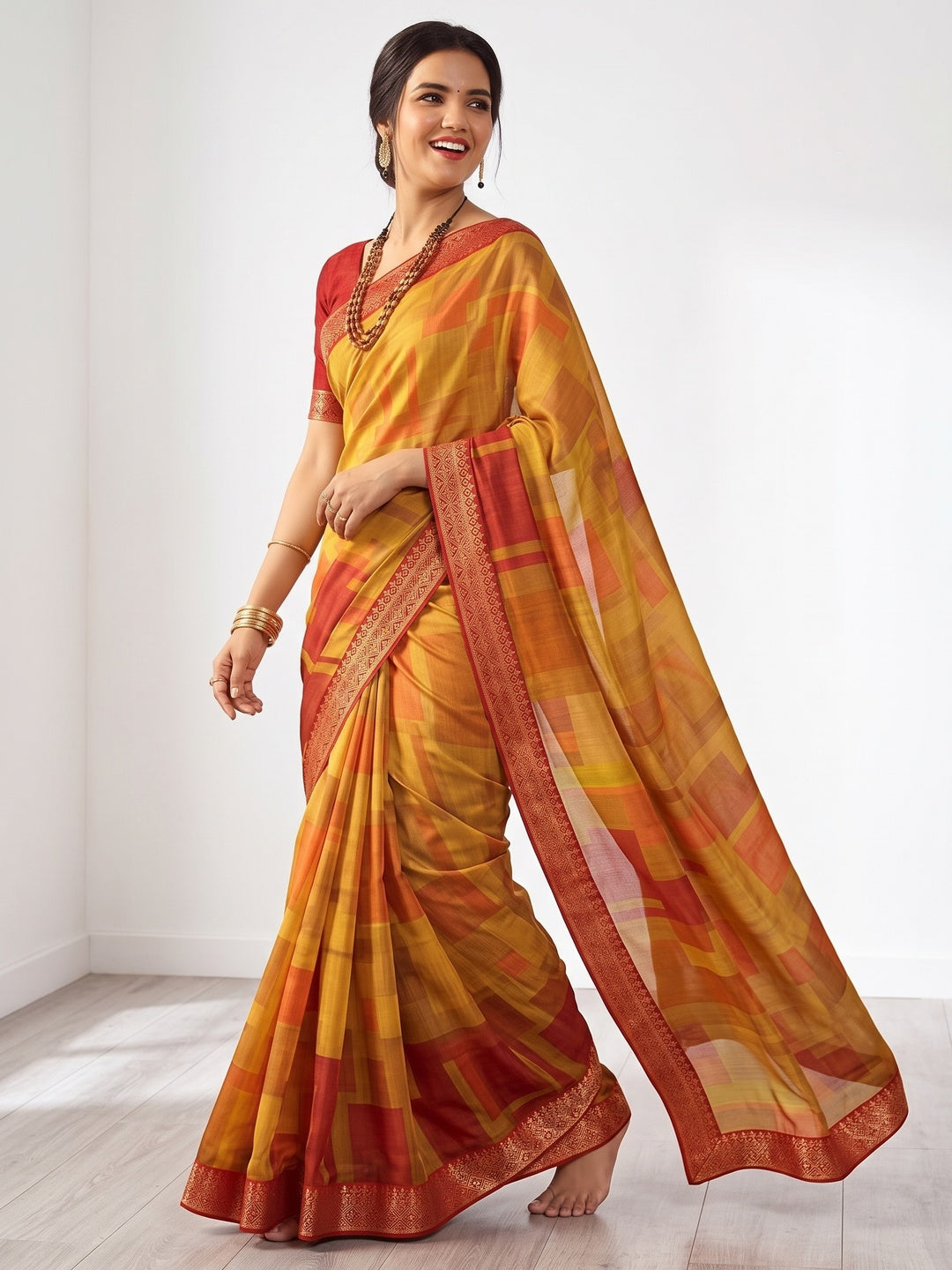 Yellow Printed Art Silk Saree - Image 4