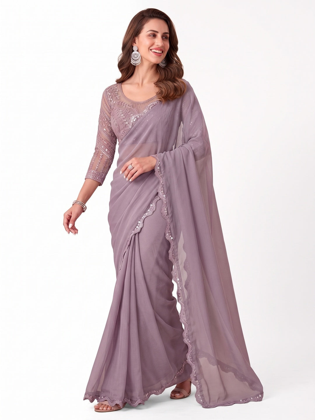 Lavender Sequins Embroidered Georgette Saree - Image 4