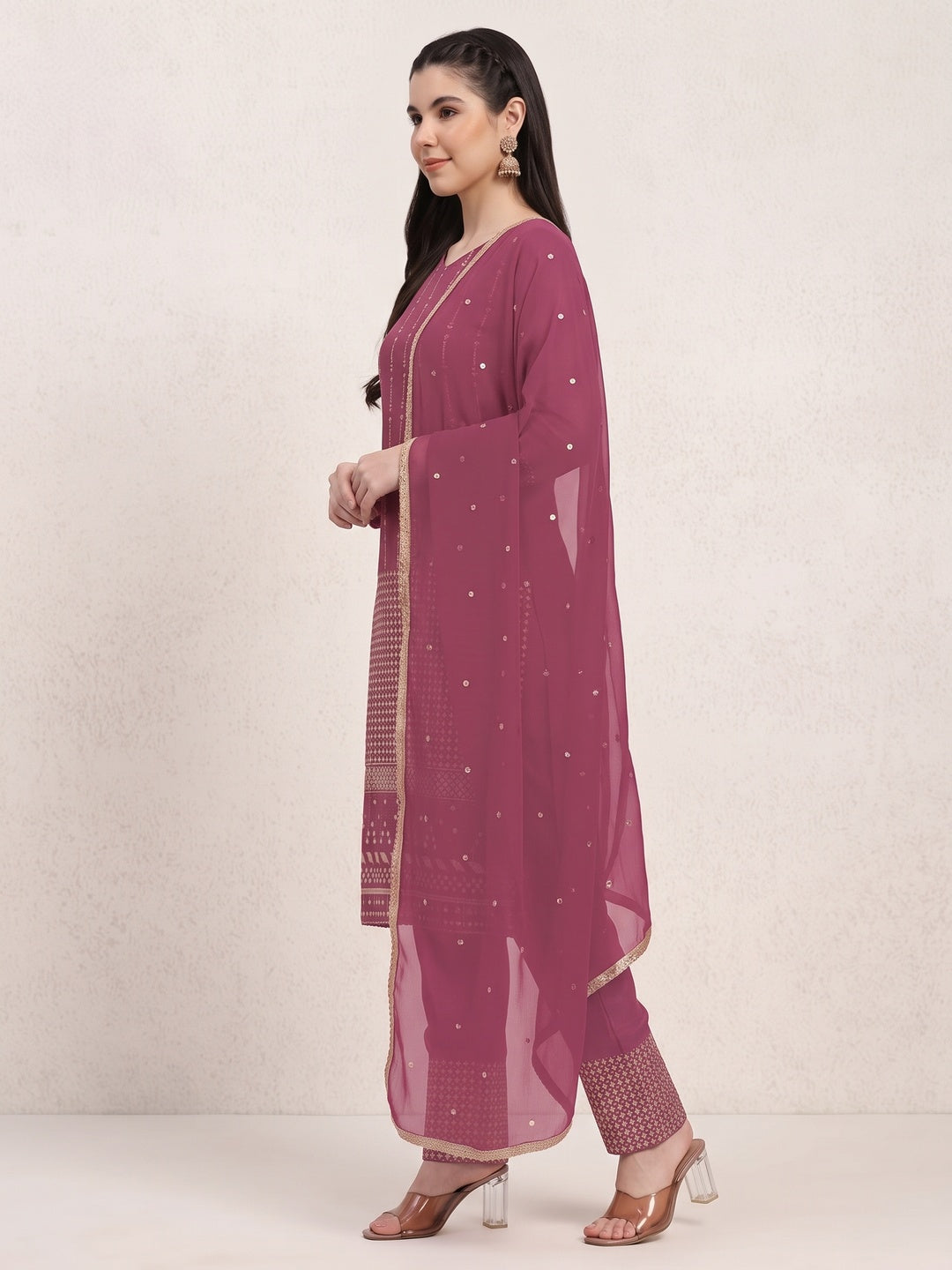 Pink Sequins Embroidered Georgette Semi Stitched Salwar Suit - Image 3