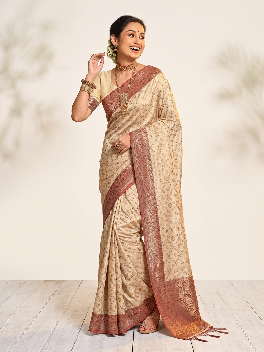 Cream & Red Floral Woven Banarasi Silk Saree With Tassels - Image 4
