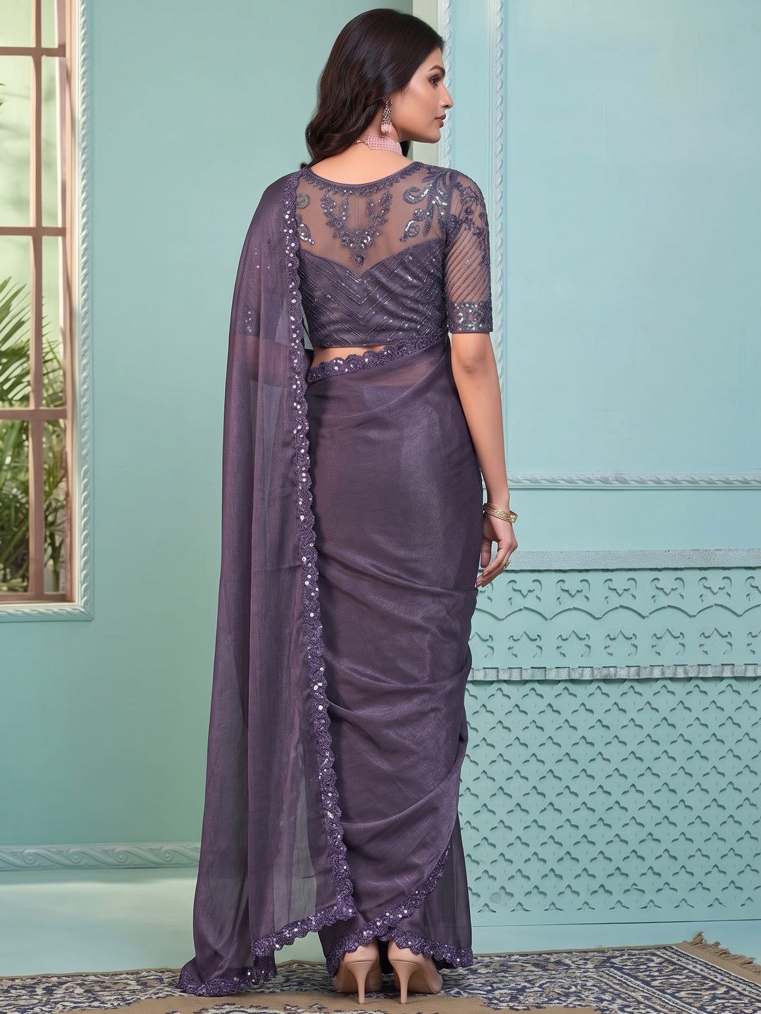 Purple Embroidered Georgette Designer Saree - Image 2