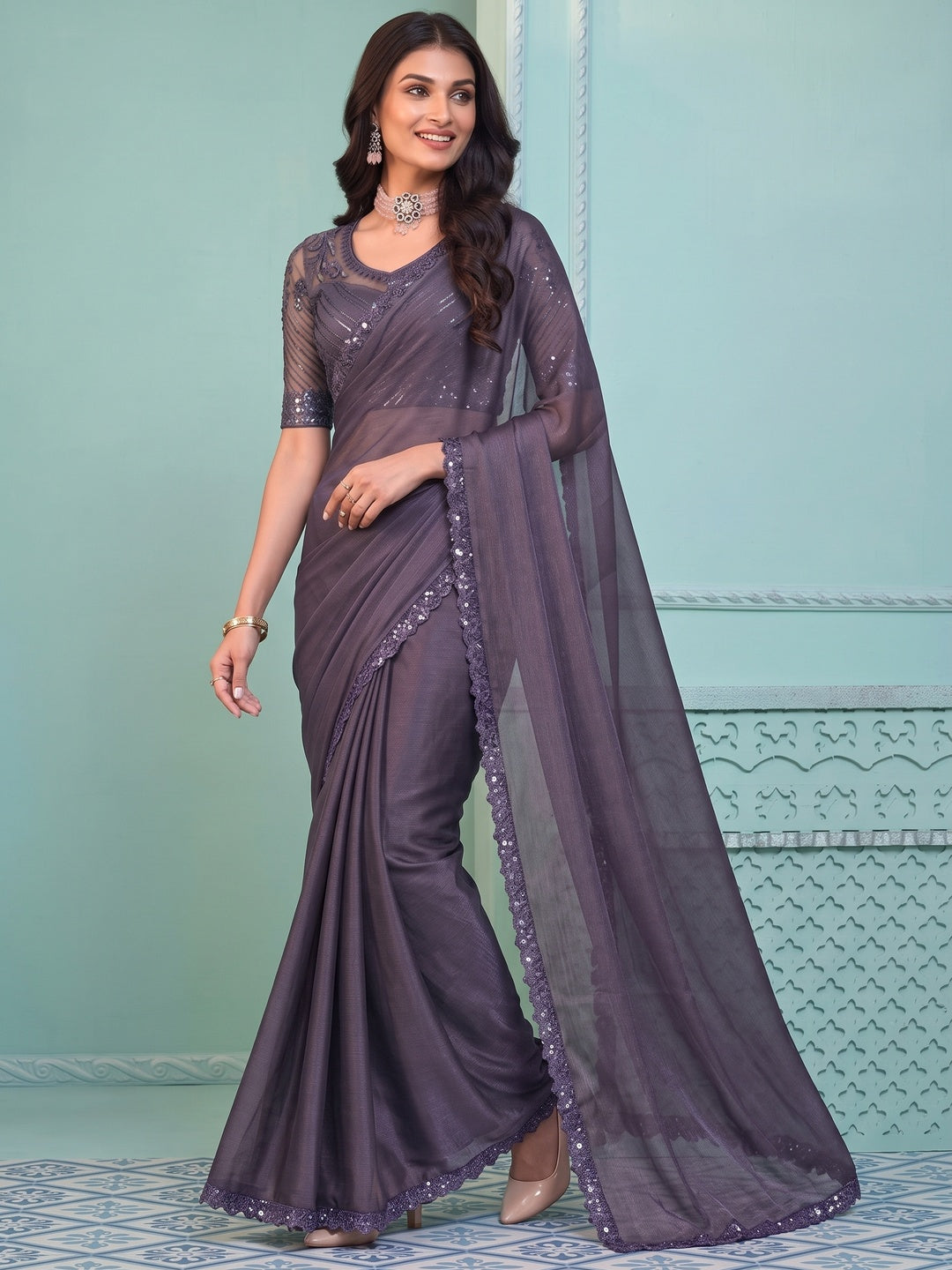 Purple Embroidered Georgette Designer Saree - Image 4
