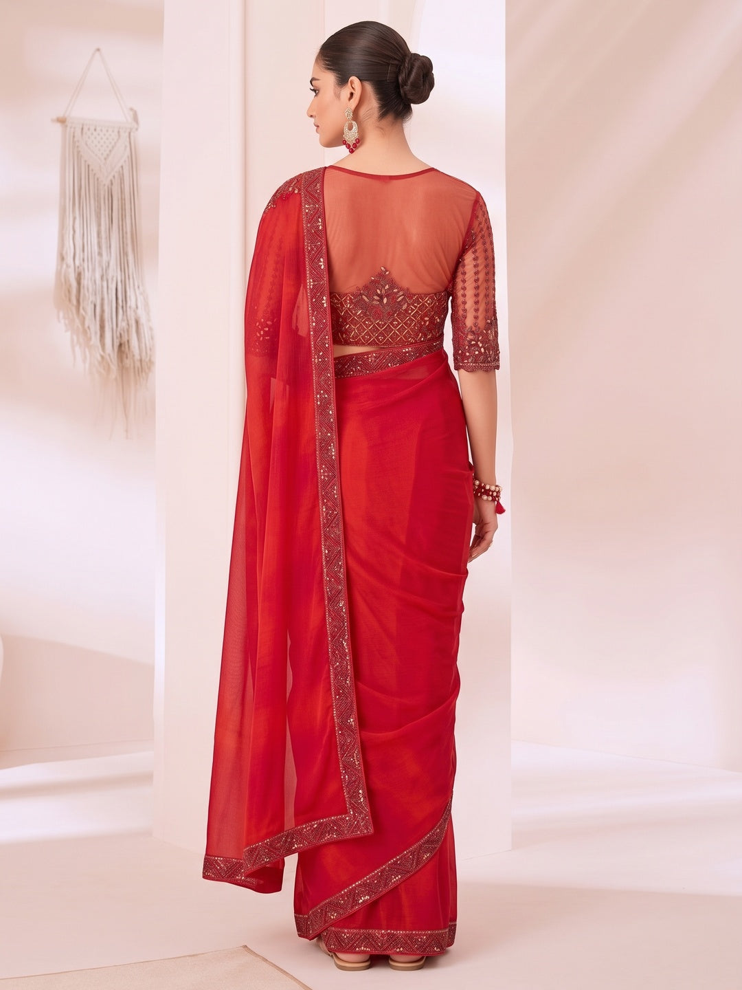 Red Embroidered Chiffon Saree - Image 6