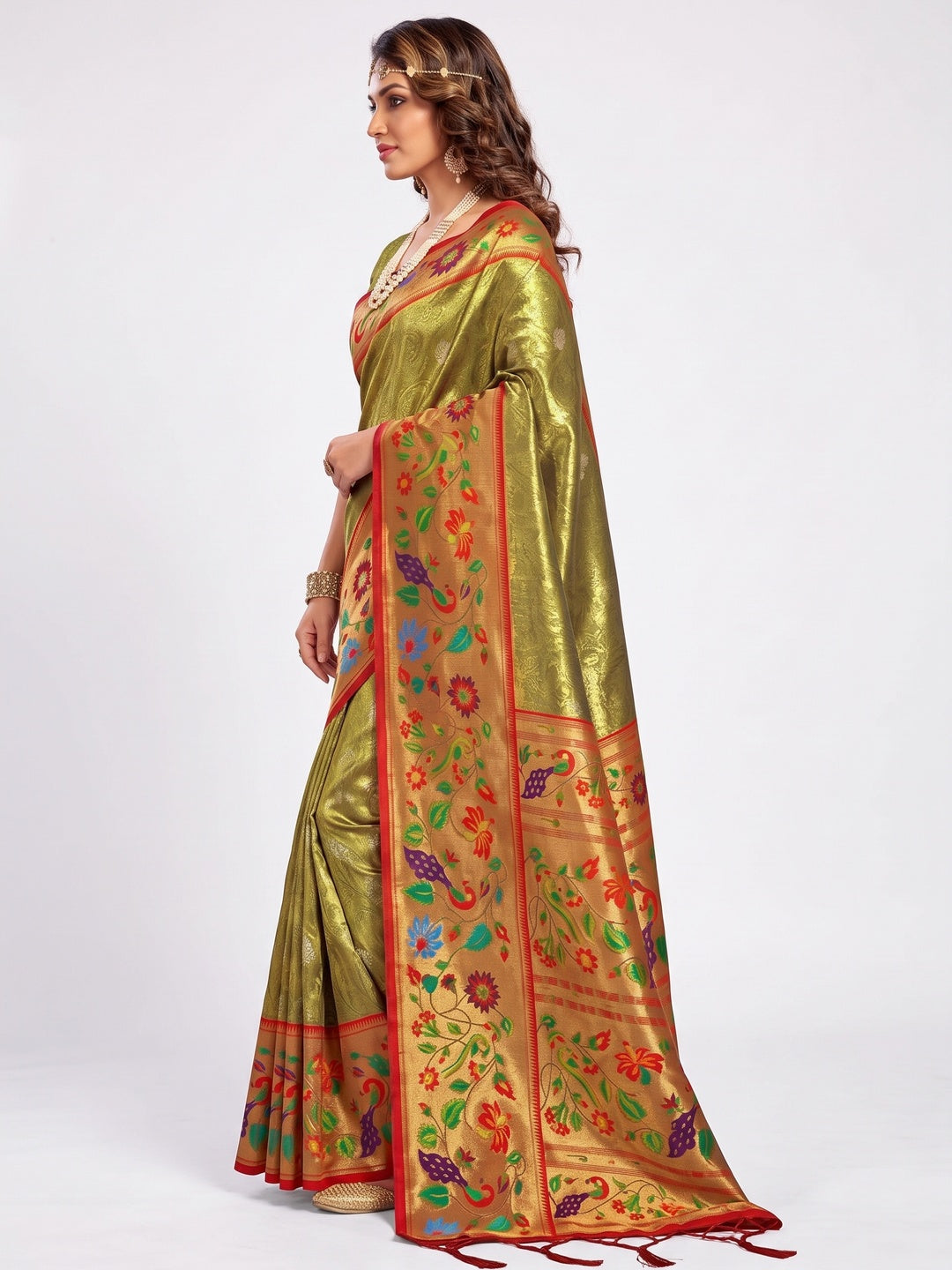 Mehendi Green Woven Raw Silk Paithani Saree With Tassels - Image 3