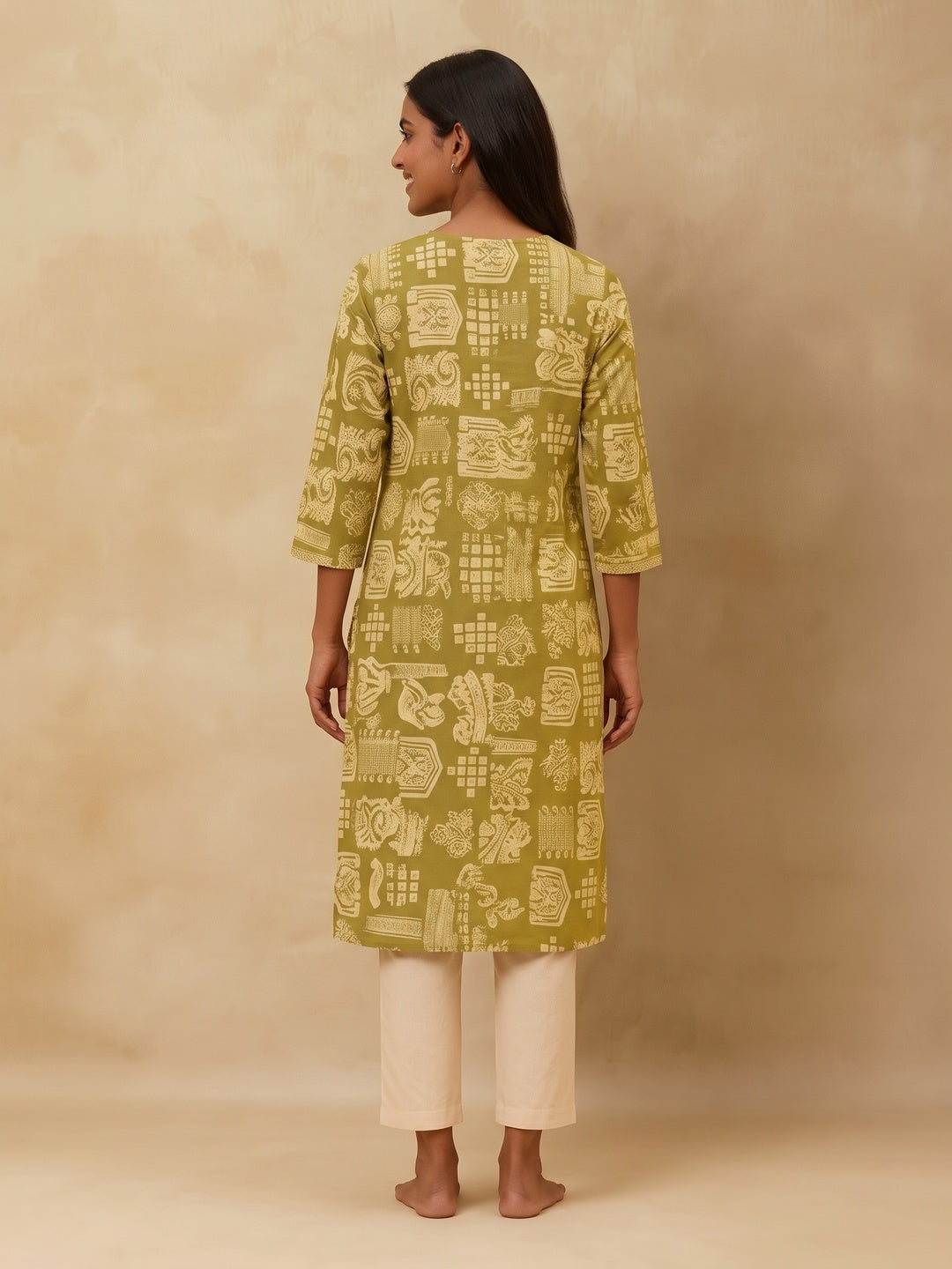 Olive Handblock Printed Pure Cotton A-Line Kurti - Image 10