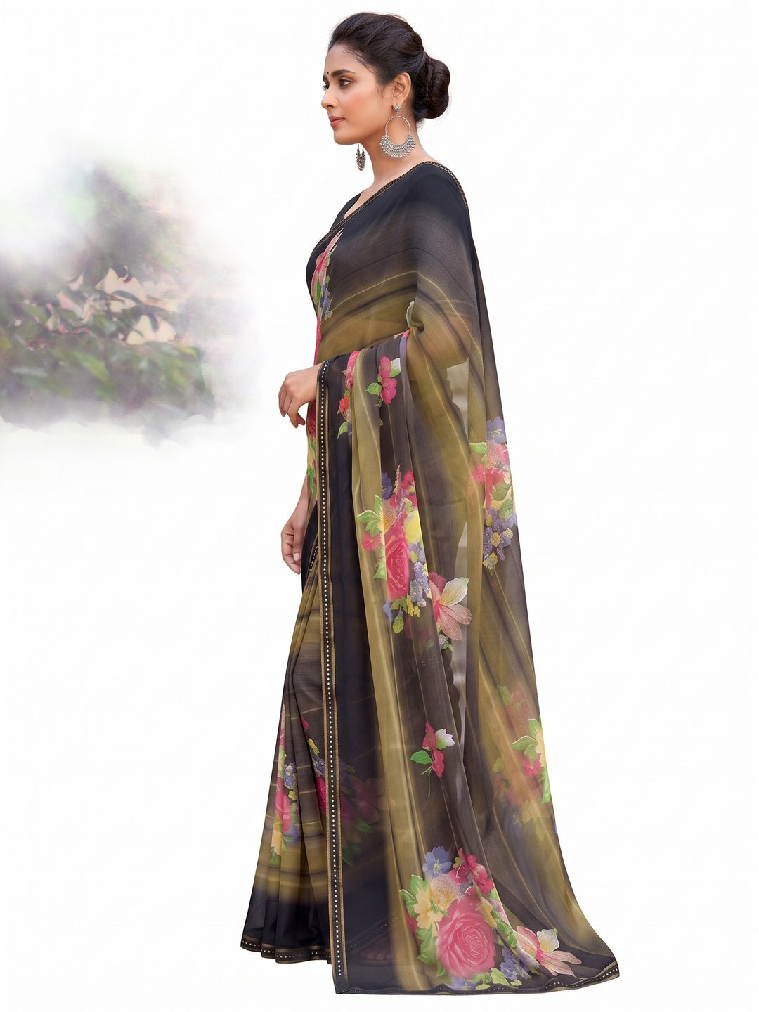 Black-Green Casual Wear Floral Printed Chiffon Saree With Fancy Blouse - Image 3