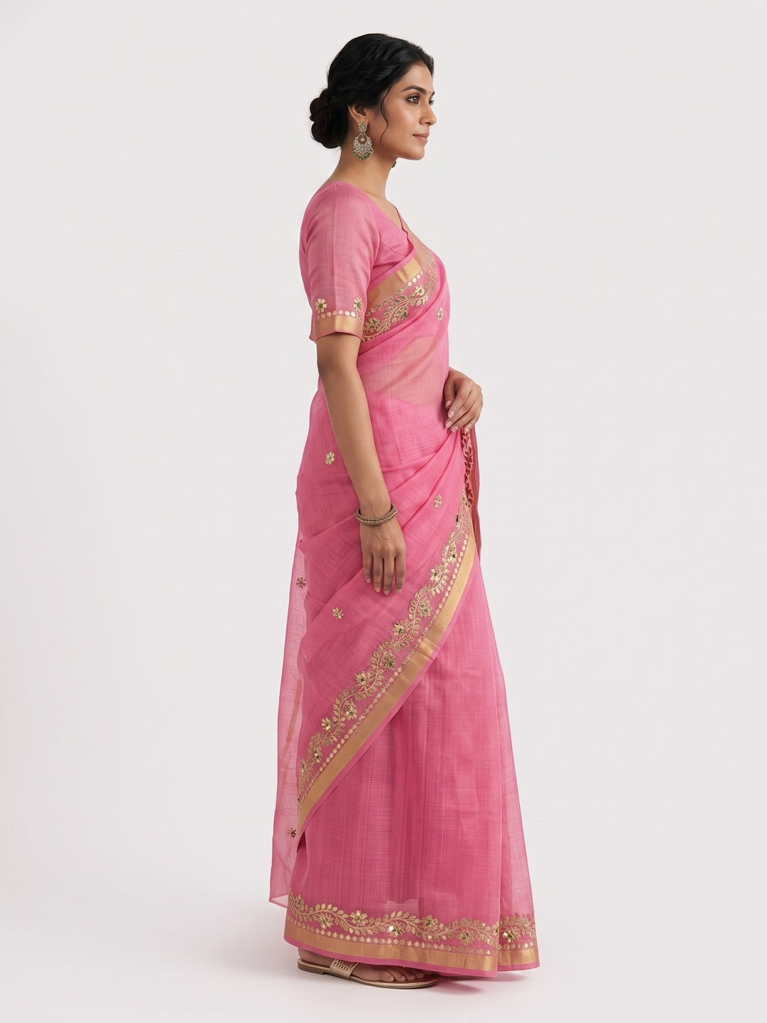 Graceful Pink Kota Doria Saree Adorned With Delicate Floral Gota Patti & Zari Weaving Border - Image 7