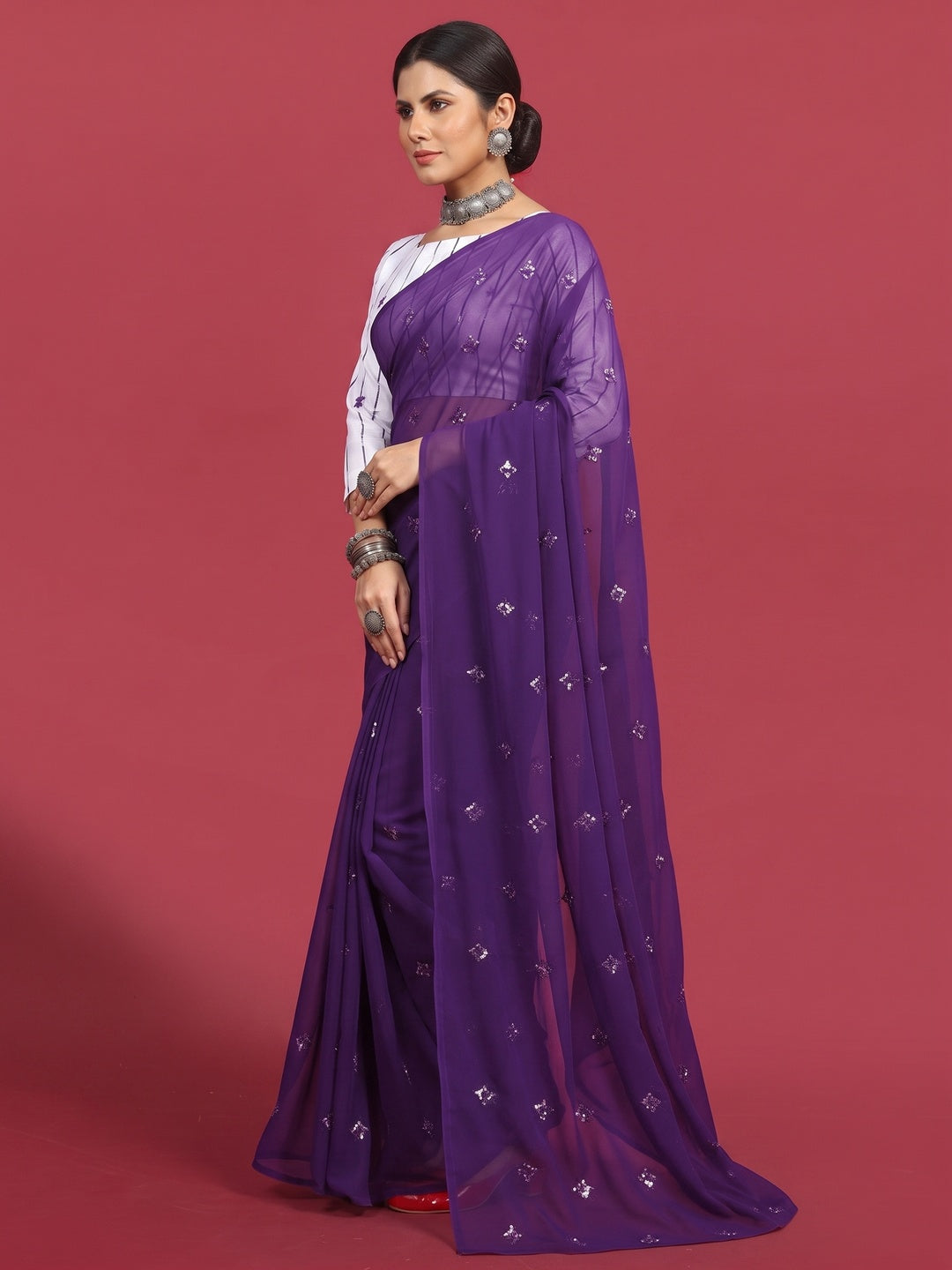 Purple Sequins Embroidered Georgette Saree - Image 3
