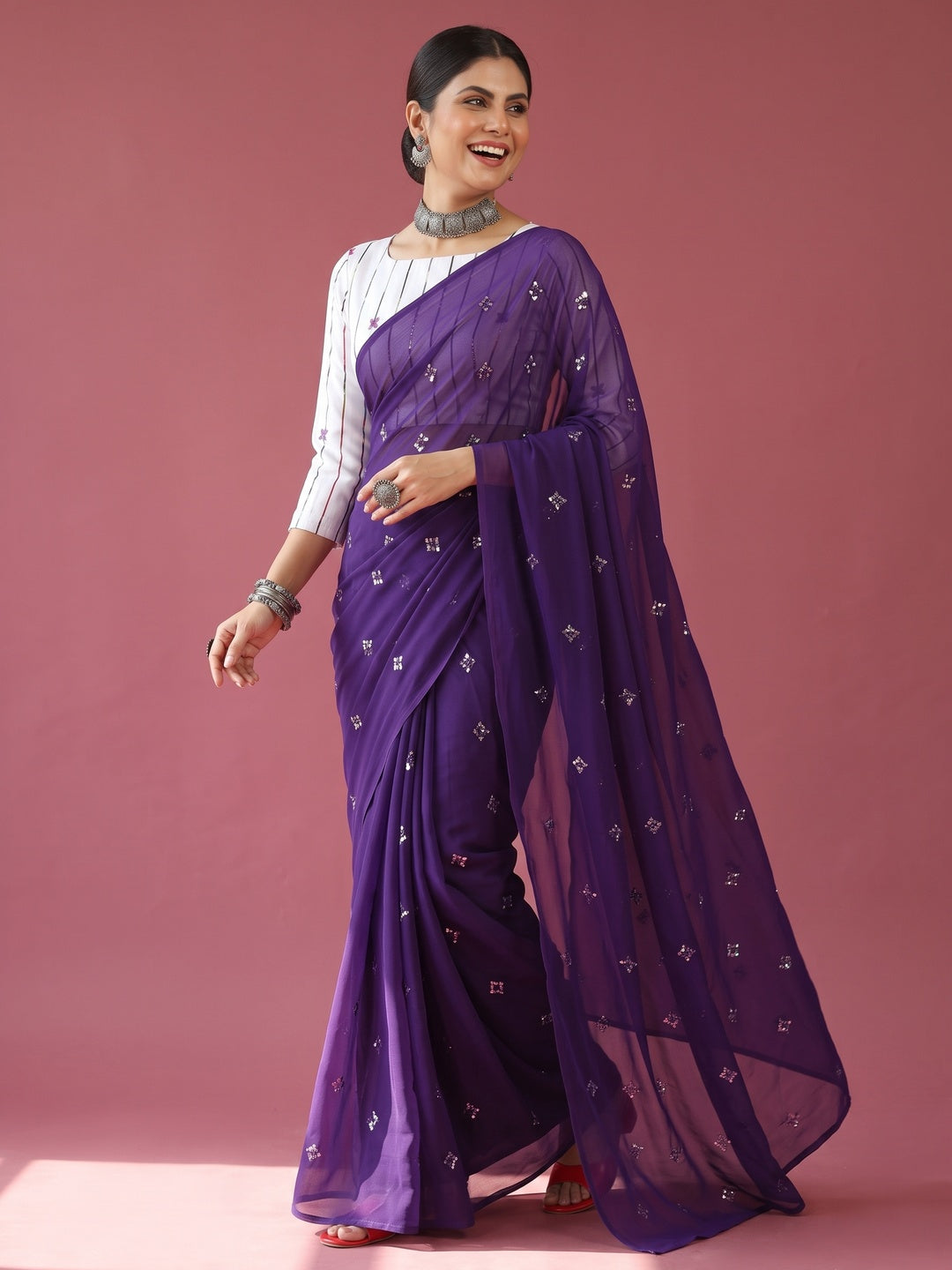 Purple Sequins Embroidered Georgette Saree - Image 4