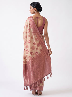 Beige Woven Organza Saree With Tassels - Image 2