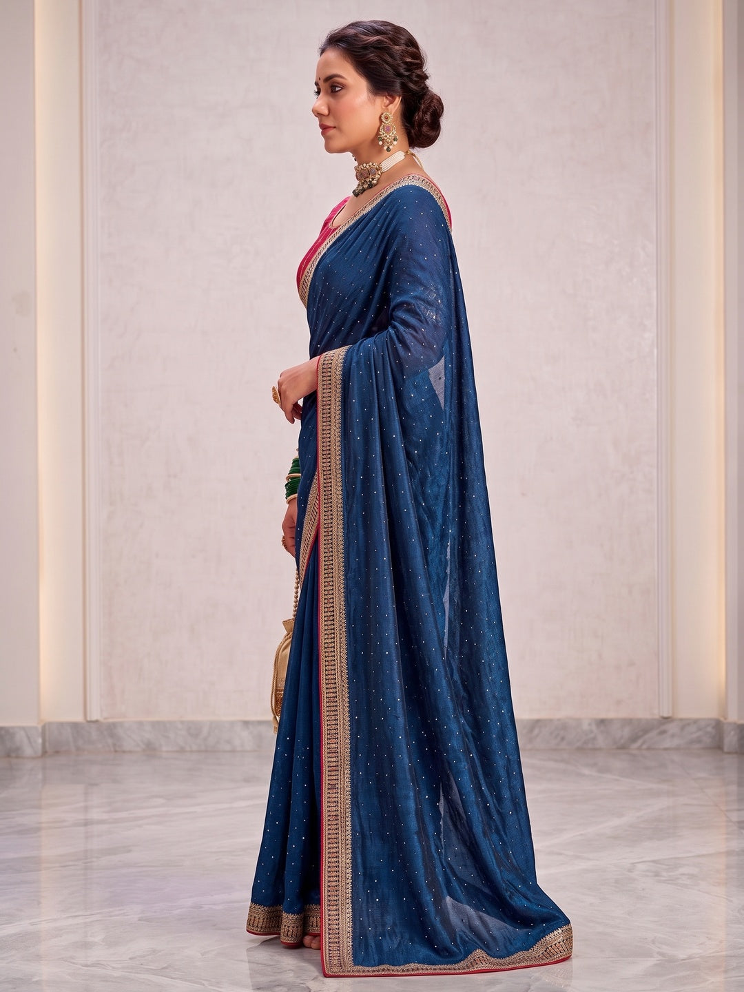 Royal Blue Embroidered Vichitra Silk Saree With Tassels - Image 3
