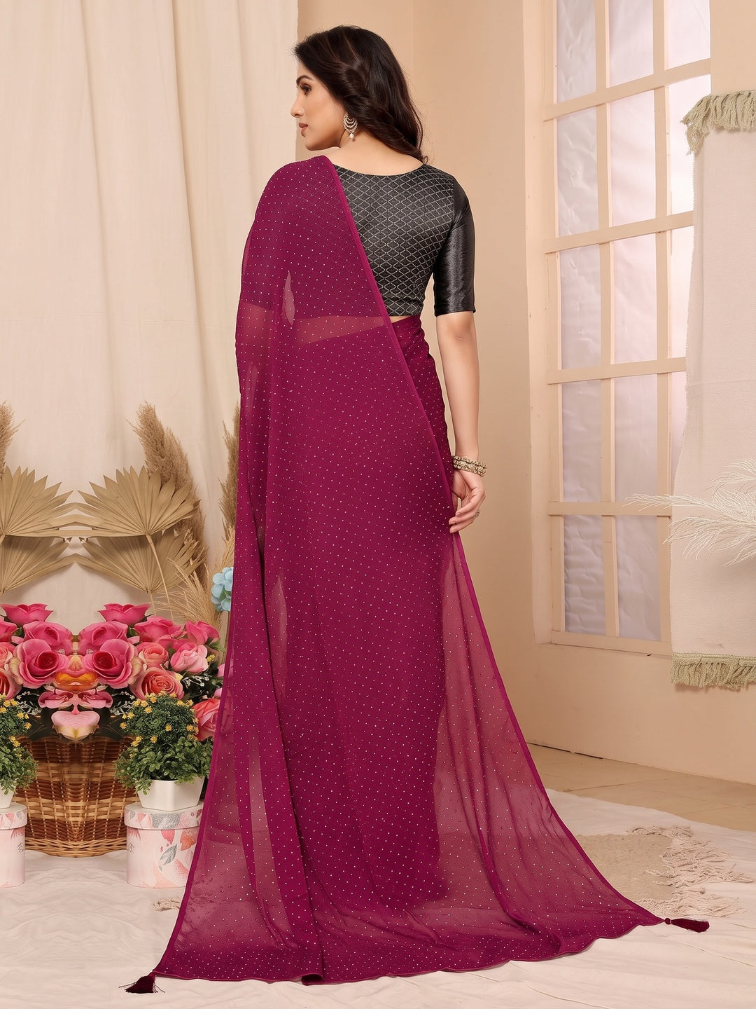 Pink Swarovski Work Satin Chiffon Saree With Tassels - Image 5