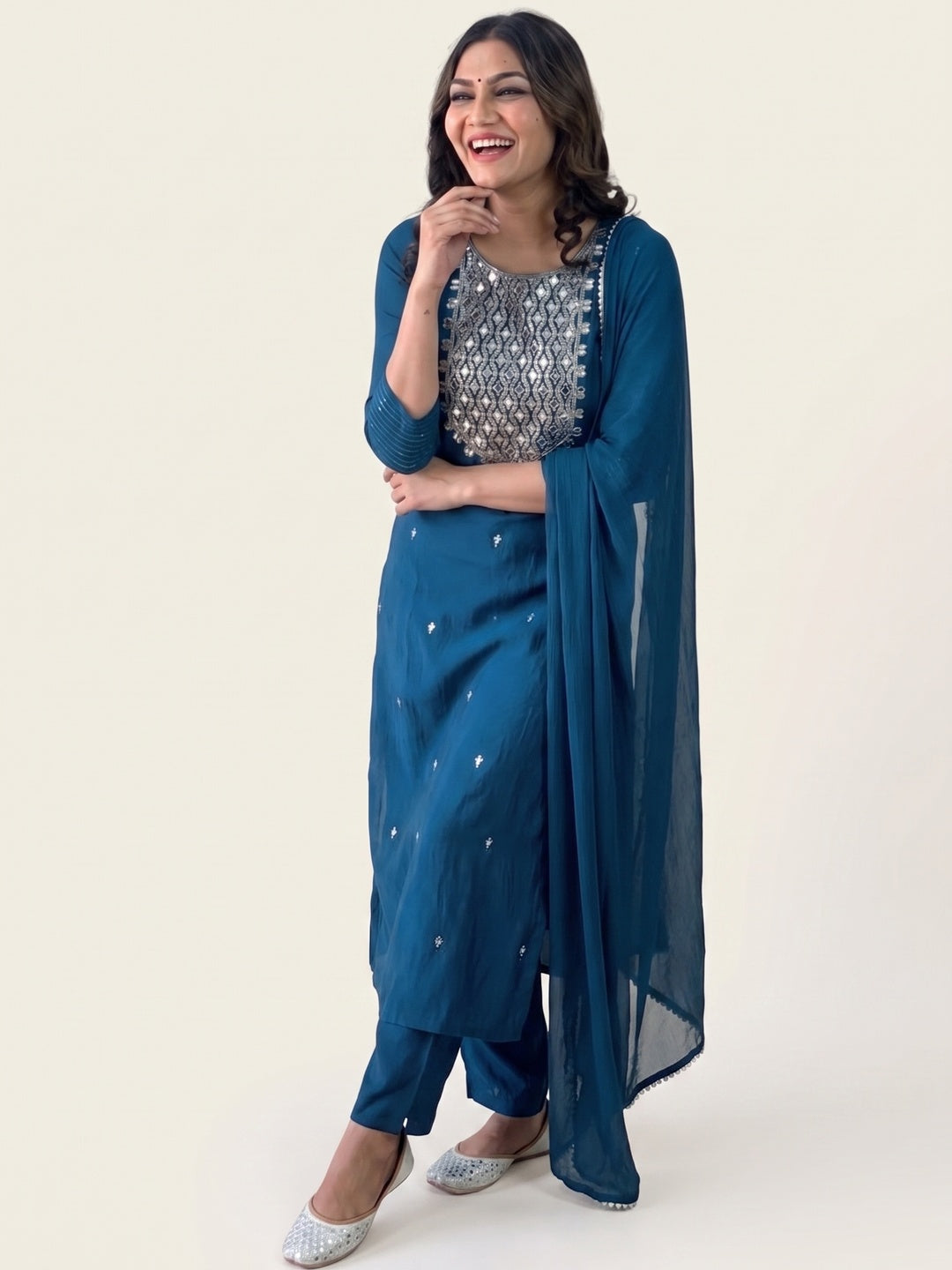 Blue Sequins Embroidered Rayon Kurti Set - Image 4