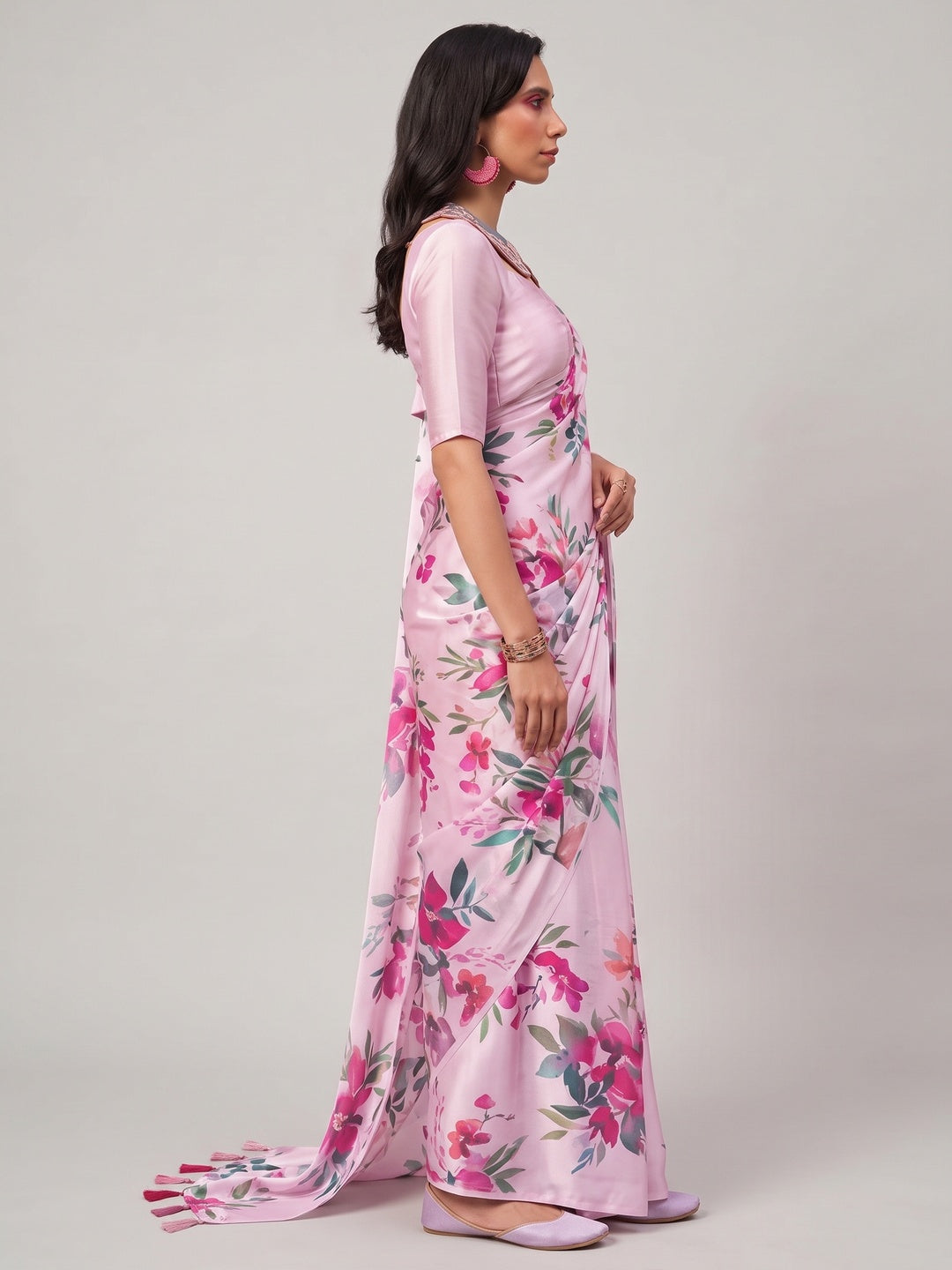 Pink Floral Digital Printed Satin Saree - Image 3