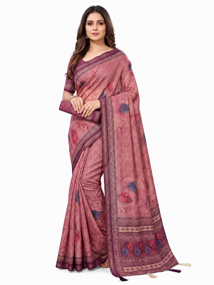 Peachmode Pink Paisley Printed Art Silk Saree - Image 1