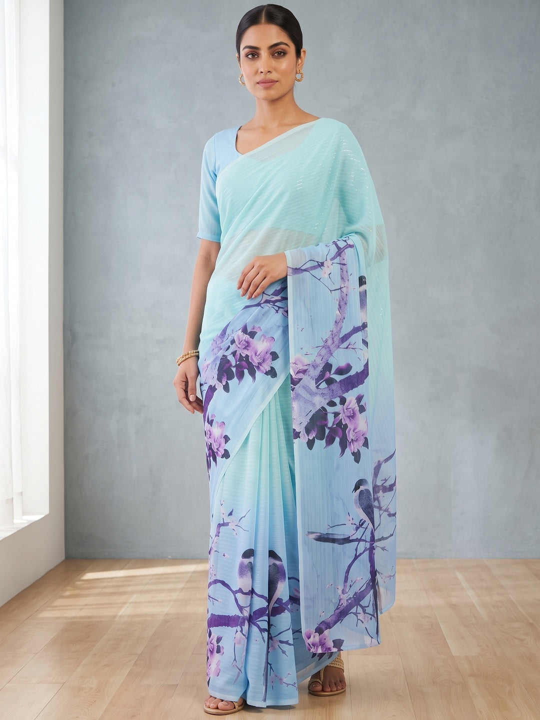 Light Turquoise Sparkle Star Georgette Saree Adorned With Floral & Bird Digital Prints - Image 9