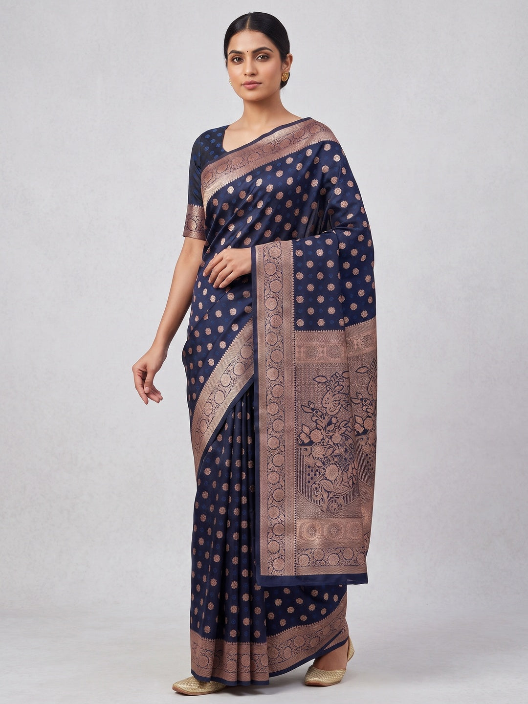 Navy Blue Classic Floral Zari Weaving Satin Silk Saree With Sophisticated Drape - Image 5