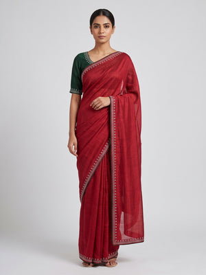 Red Partywear Vichitra Silk Saree Featuring Exquisite Swarovski Stone Work - Image 1