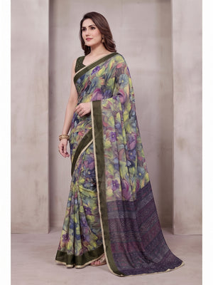 Peachmode Olive Floral Printed Georgette Saree - Image 1