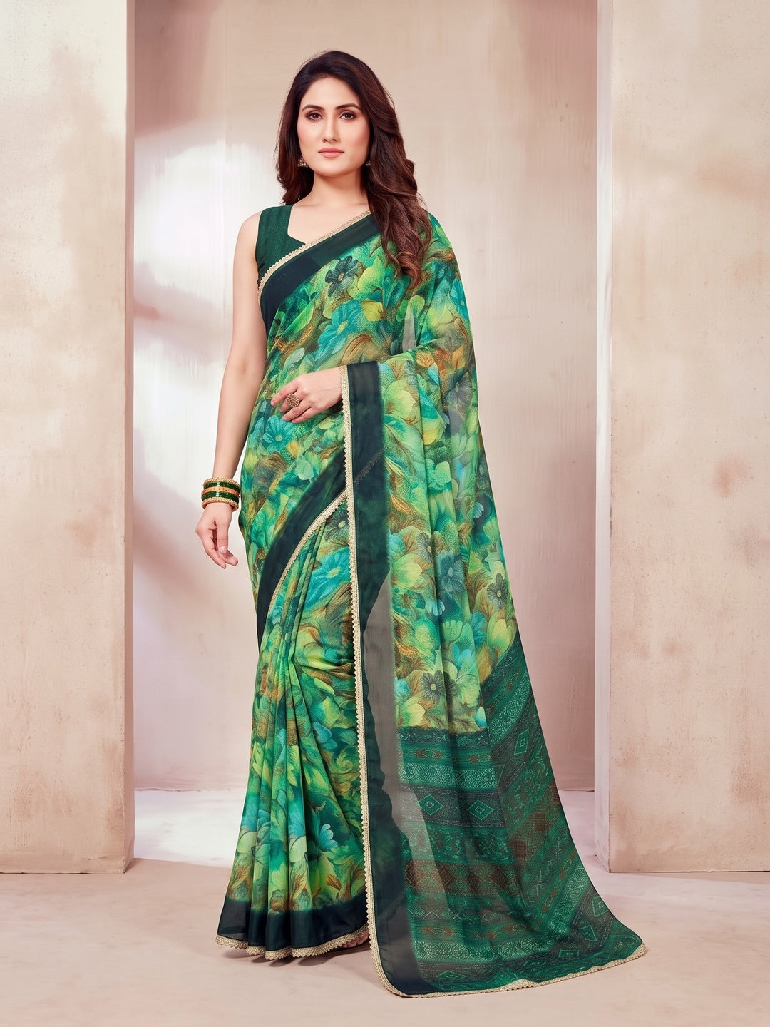 Peachmode Green Floral Printed Georgette Saree - Image 1