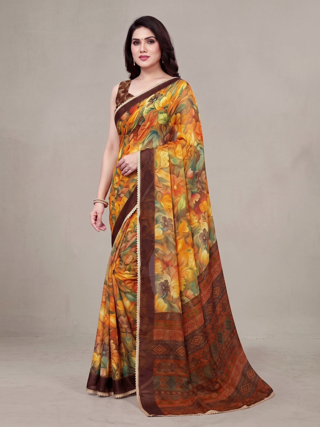 Peachmode Orange Floral Printed Georgette Saree - Image 1
