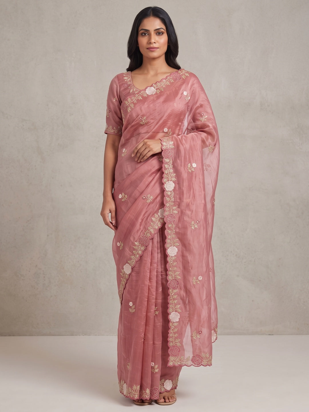 Rose Pink Lightweight Georgette Crush Saree Adorned with Delicate Floral Embroidery - Image 8
