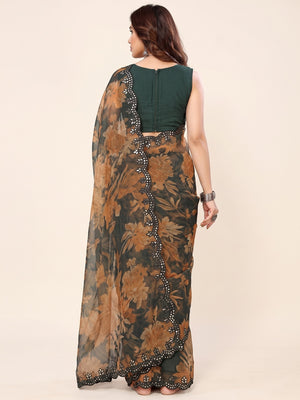 Dark Green Printed Georgette Saree With Mirror Work Border - Image 2