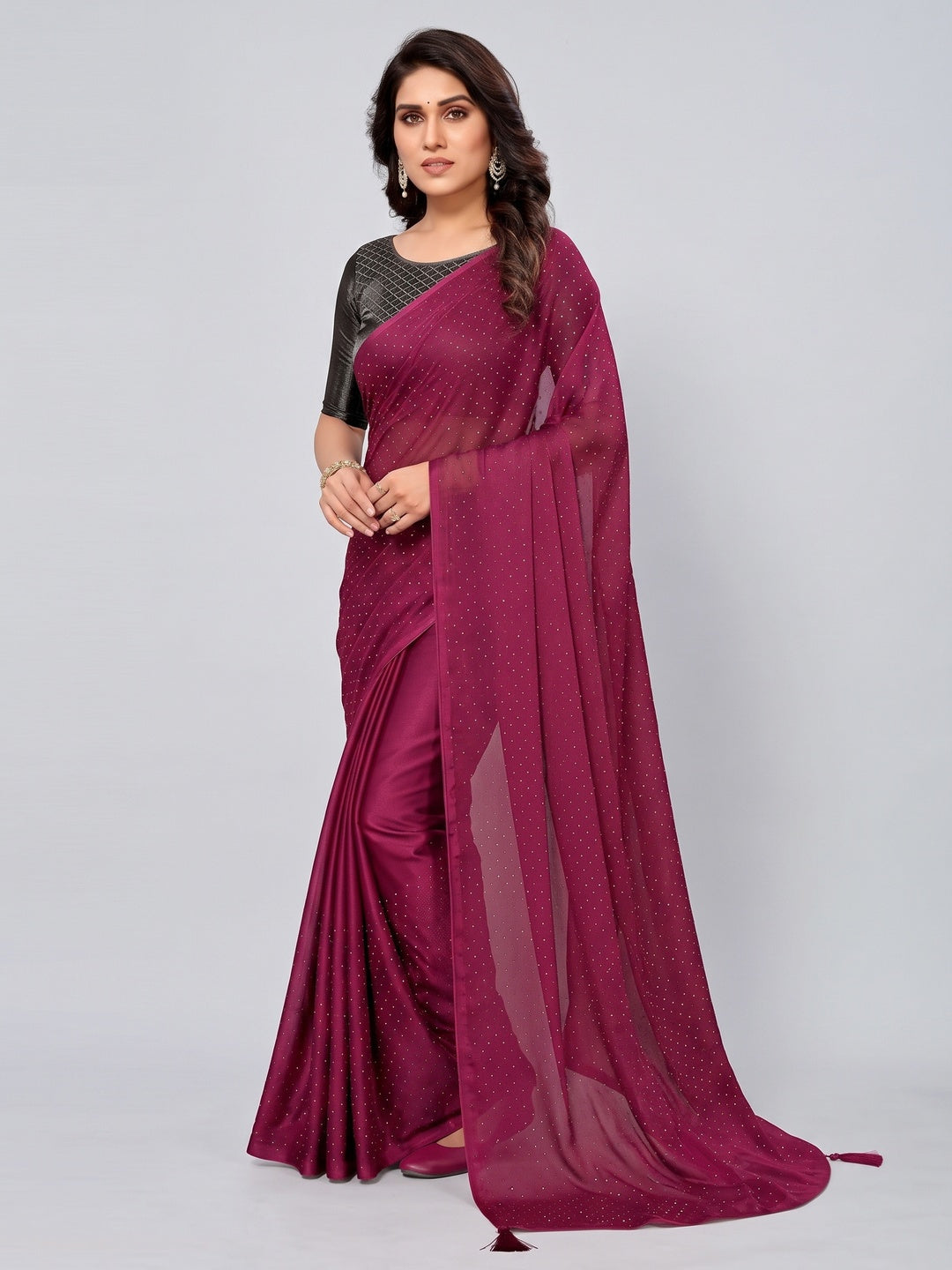 Pink Swarovski Work Satin Chiffon Saree With Tassels - Image 4