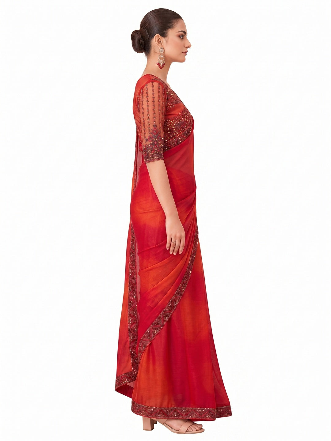 Red Embroidered Chiffon Saree - Image 3
