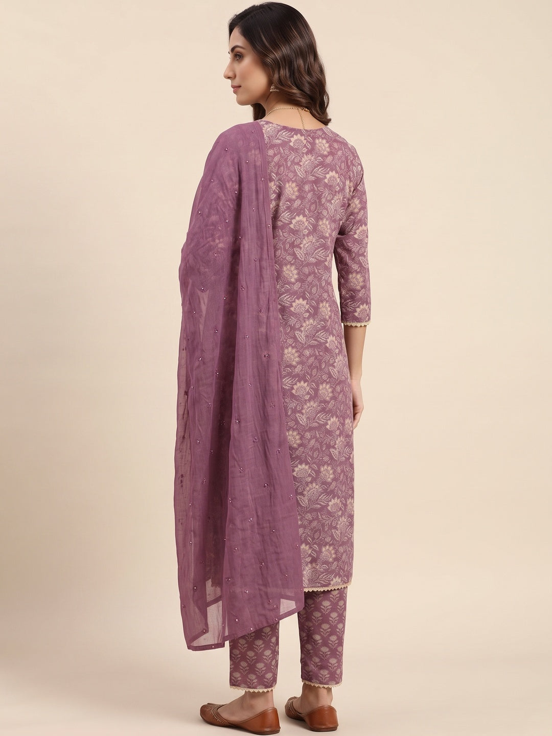 Purple Floral Printed Pure Cotton A-Line Salwar Suit - Image 4